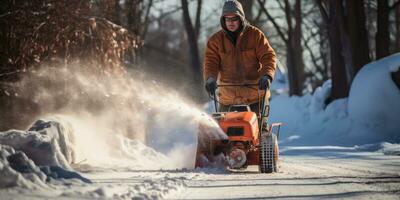 AI generated man uses snowblower to clear the driveway to prevent snow, generative AI photo