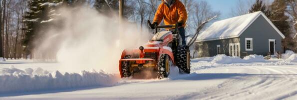 AI generated man uses snowblower to clear the driveway to prevent snow, generative AI photo