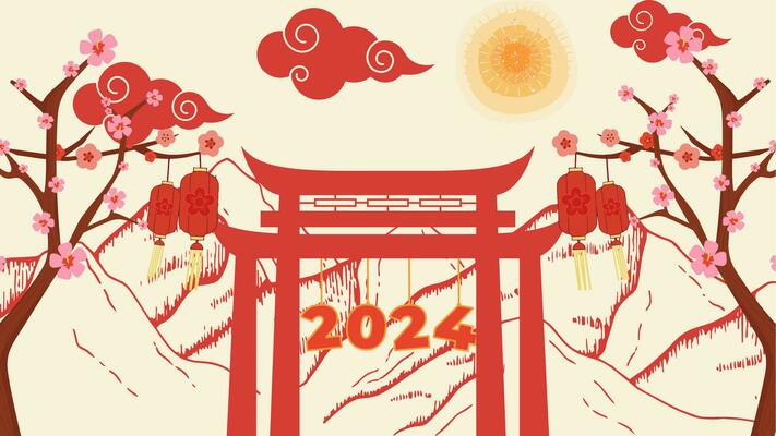 Vector graphic illustration of mountain views, gates and 2024 text, lantern, cherry blossom, chinese vibes. Suitable for celebrating Chinese New Year 2024 or other event.
