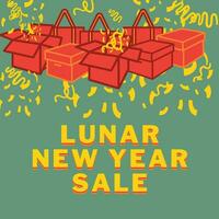 Lunar New Year Sale vector illustration with red box gift elements, shopping bag, confetti and Lunar New Year Sale 3d text design.