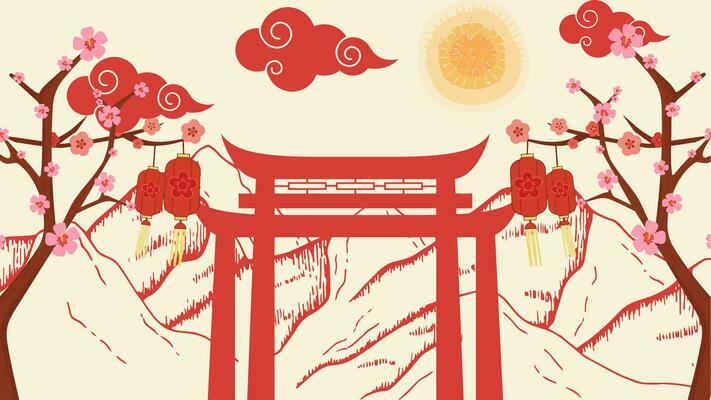Vector graphic illustration of mountain views, gates, lantern, cherry blossom, chinese vibes. Suitable for celebrating Chinese New Year or other event.
