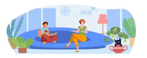 A married couple on the sofa, weekend, interior, modern  flat vector illustration