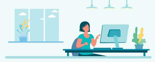 Female student at computer, remote work, webinar, cartoon flat vector illustration