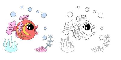 Coloring book Goldfish with shells, bubbles and algae in the ocean. For posters, prints on clothes. vector