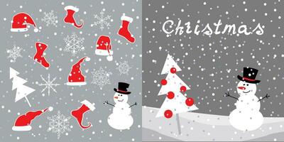 Postcard cover with a snowman and a Christmas tree. Grey background. vector