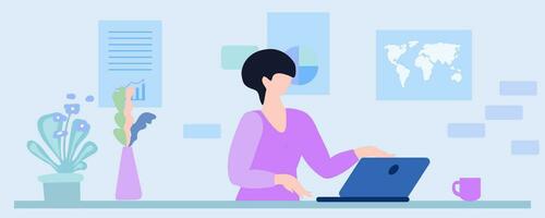 Remote work concept, woman at computer, books, schedule, board, workplace, vector