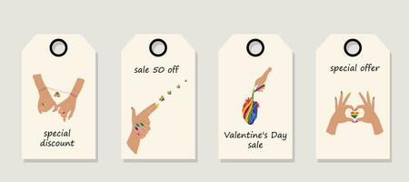 Vector set of discount price tags. Labels with Hands showing lgbt heart. Valentine's day sale.