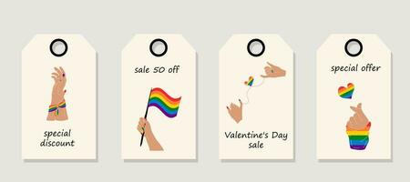 vector conjunto de descuento precio etiquetas etiquetas con manos demostración lgbt corazón. San Valentín día venta.