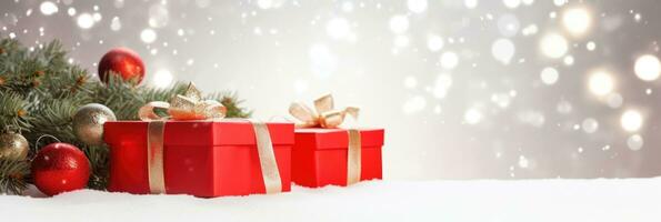 AI generated red gift boxes on a white background. The concept of Christmas. Long banner with space for text. photo