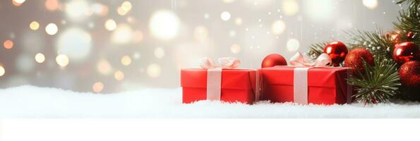 AI generated red gift boxes on a white background. The concept of Christmas. Long banner with space for text. photo