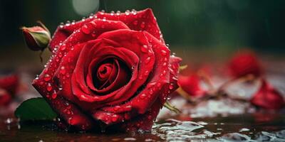 ai generado hermosa Rosa con lluvia y río fotografía. foto