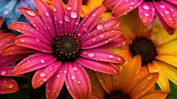 AI generated Close up of a bunch of bright colorful flowers with water droplets. photo