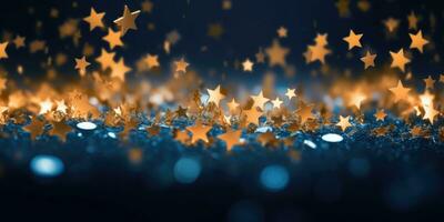 AI generated Golden stars on blue background with lighting effect and sparkle photo