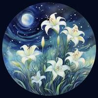 AI generated Watercolor fairy lilies blooming under a starry night sky on a white background. AI Generated photo