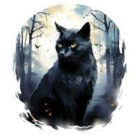 AI generated Black Cat in Moonlit Forest. Watercolor for T-shirt design. AI Generated photo