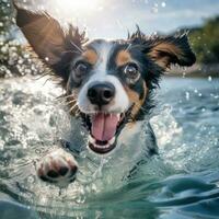ai generado un contento perro jugando en el agua foto