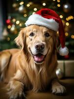 AI generated Golden retriever full body wearing Christmas hat and sitting photo