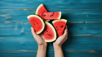AI generated Hand holding fresh watermelon slices AI Generative photo