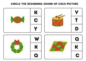 Worksheet for kids. Find the beginning sound of cute red and green items. vector