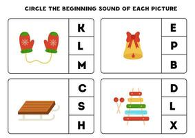 Worksheet for kids. Find the beginning sound of cute red and green items. vector