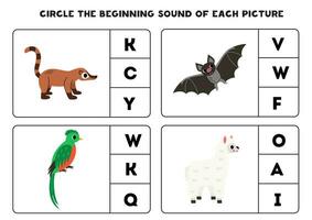 Worksheet for kids. Find the beginning sound of cute South American animals. vector