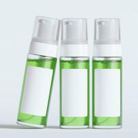 Glass bottle cosmetic rendering 3D software illustration with label and white color realistic texture photo