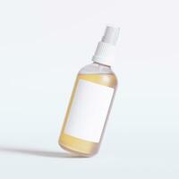 Glass bottle cosmetic rendering 3D software illustration with label and white color realistic texture photo