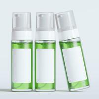 Glass bottle cosmetic rendering 3D software illustration with label and white color realistic texture photo