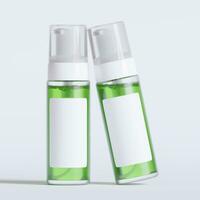 Glass bottle cosmetic rendering 3D software illustration with label and white color realistic texture photo