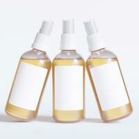 Glass bottle cosmetic rendering 3D software illustration with label and white color realistic texture photo