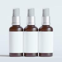 Glass bottle cosmetic rendering 3D software illustration with label and white color realistic texture photo