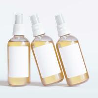 Glass bottle cosmetic rendering 3D software illustration with label and white color realistic texture photo