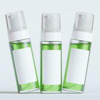 Glass bottle cosmetic rendering 3D software illustration with label and white color realistic texture photo