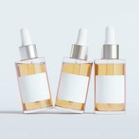 Glass bottle cosmetic rendering 3D software illustration with label and white color realistic texture photo