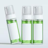 Glass bottle cosmetic rendering 3D software illustration with label and white color realistic texture photo