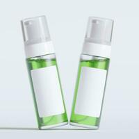 Glass bottle cosmetic rendering 3D software illustration with label and white color realistic texture photo