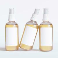 Glass bottle cosmetic rendering 3D software illustration with label and white color realistic texture photo