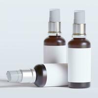 Glass bottle cosmetic rendering 3D software illustration with label and white color realistic texture photo