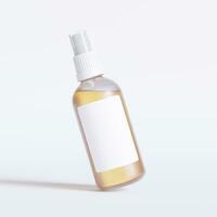 Glass bottle cosmetic rendering 3D software illustration with label and white color realistic texture photo