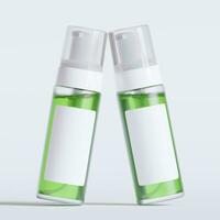 Glass bottle cosmetic rendering 3D software illustration with label and white color realistic texture photo