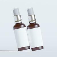 Glass bottle cosmetic rendering 3D software illustration with label and white color realistic texture photo