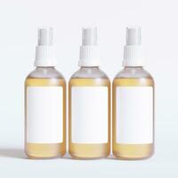 Glass bottle cosmetic rendering 3D software illustration with label and white color realistic texture photo