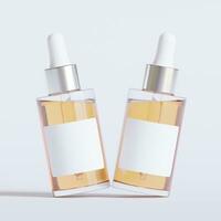 Glass bottle cosmetic rendering 3D software illustration with label and white color realistic texture photo