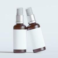 Glass bottle cosmetic rendering 3D software illustration with label and white color realistic texture photo