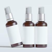 Glass bottle cosmetic rendering 3D software illustration with label and white color realistic texture photo