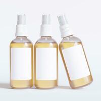 Glass bottle cosmetic rendering 3D software illustration with label and white color realistic texture photo