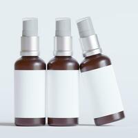 Glass bottle cosmetic rendering 3D software illustration with label and white color realistic texture photo