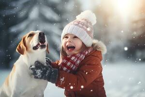 AI generated Kid dressed in a winter clothes having fun playing snow with dog. Winter, outdoors leisure concept photo