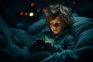 AI generated Kid using mobile phone at night on bed. Screen addiction concept photo