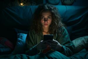 AI generated Woman using mobile phone lying in bed late at night. Screen addiction and insomnia concept photo